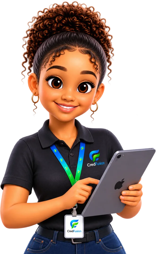 Helô segurando um tablet com a plataforma CredFusion